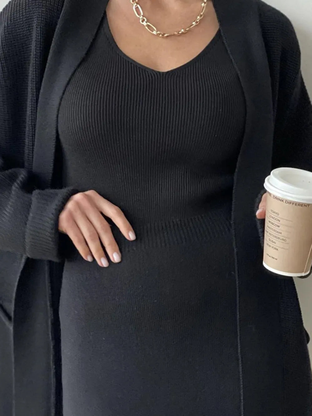 Open Front Cardigan and Midi Skirt Sweater Set