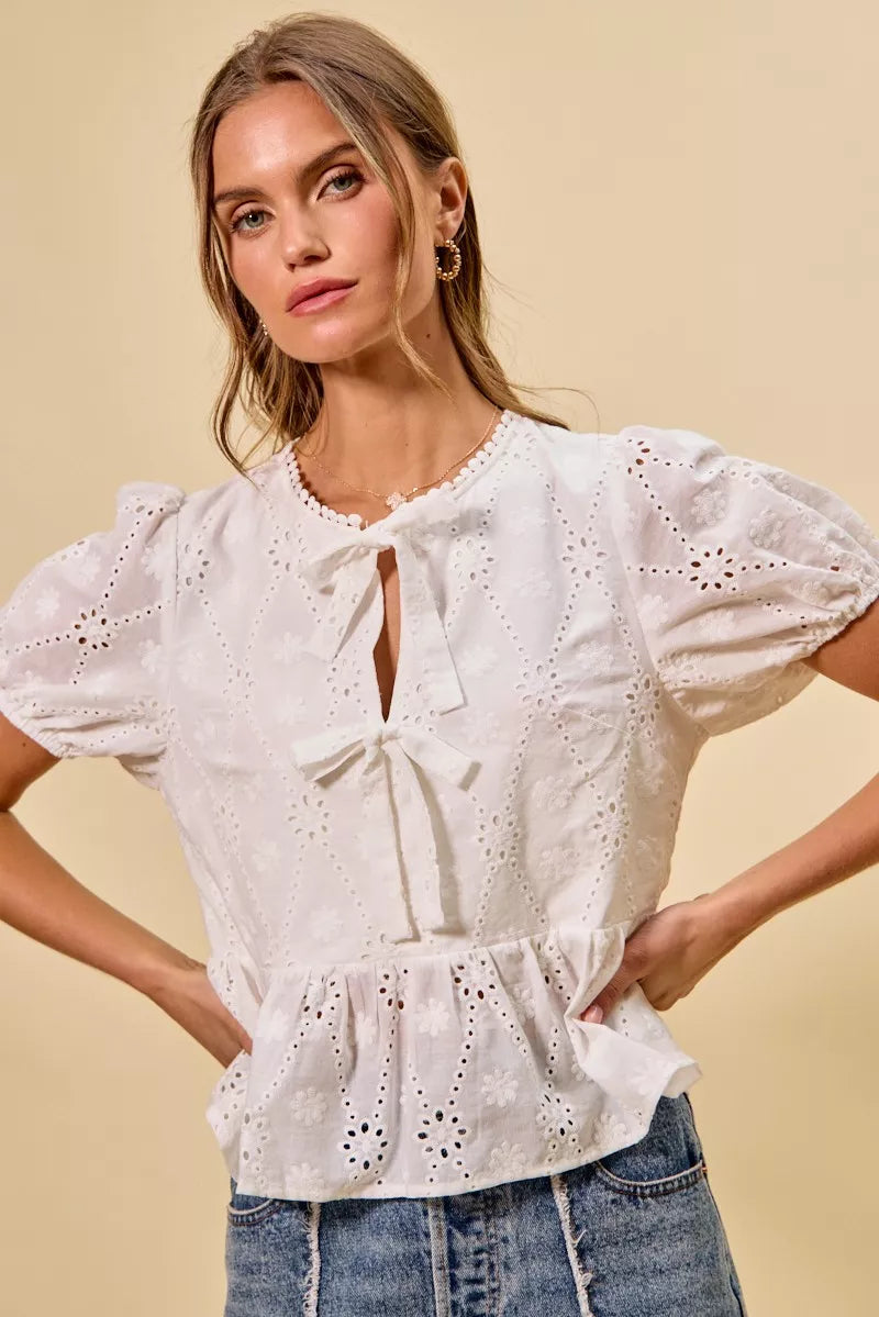 Eyelet Front Tie Blouse