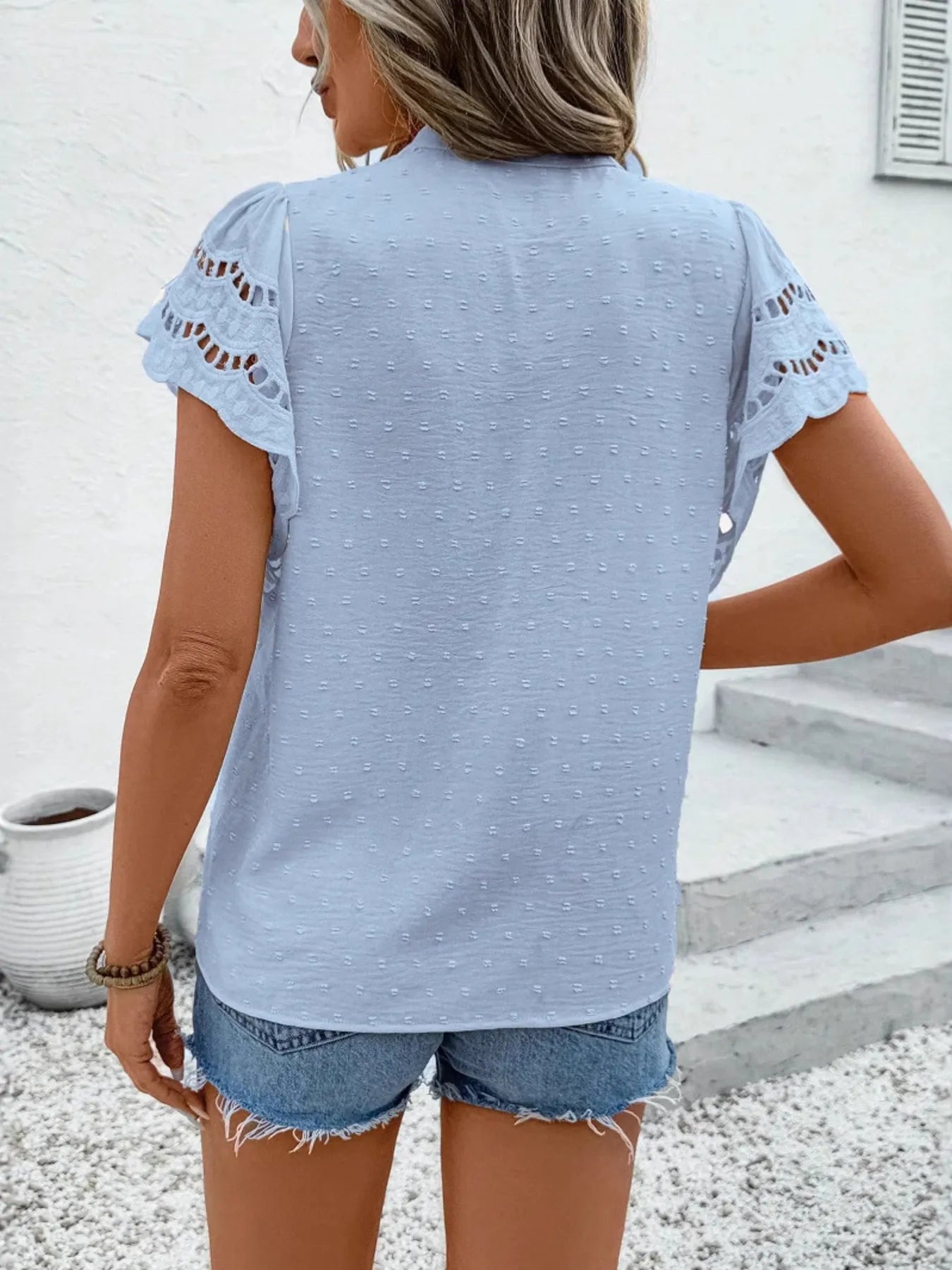 Swiss Dot Cutout Ruffle Blouse