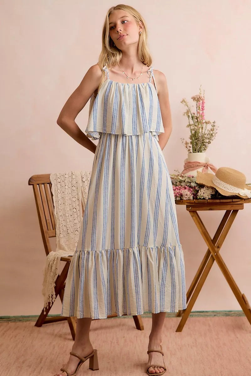 Stripe Shoulder Tie Midi Dress