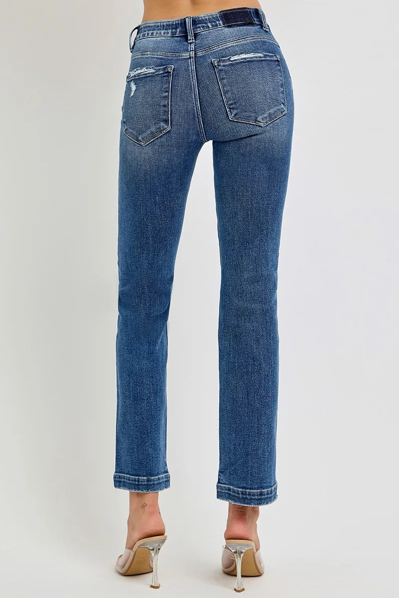 Tummy Control Mid-Rise Straight Jeans with Elastic Waistband
