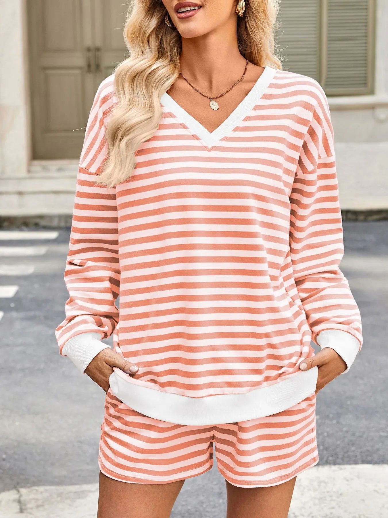 Striped Long Sleeve Top and Shorts Lounge Set