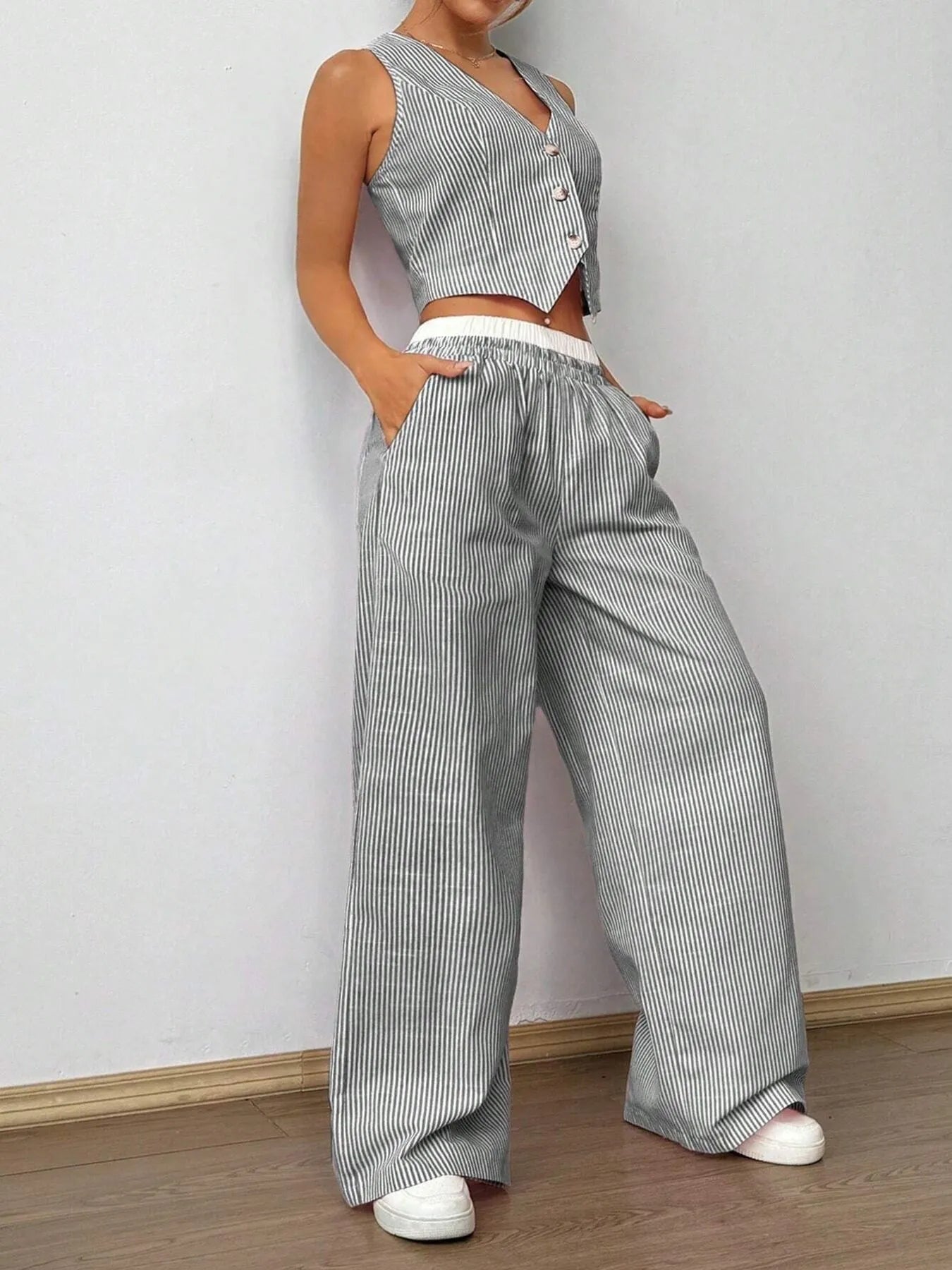 Striped Vest and Wide Leg Pants Set