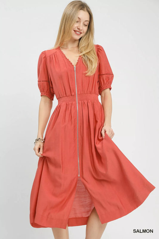 Zip-Front Smocked Waist Midi Dress - Front View