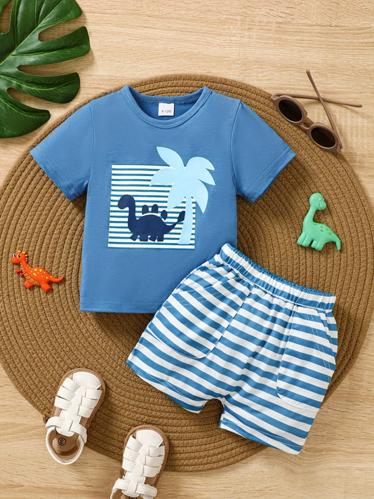 Dinosaur Tee & Striped Shorts Set - Front View