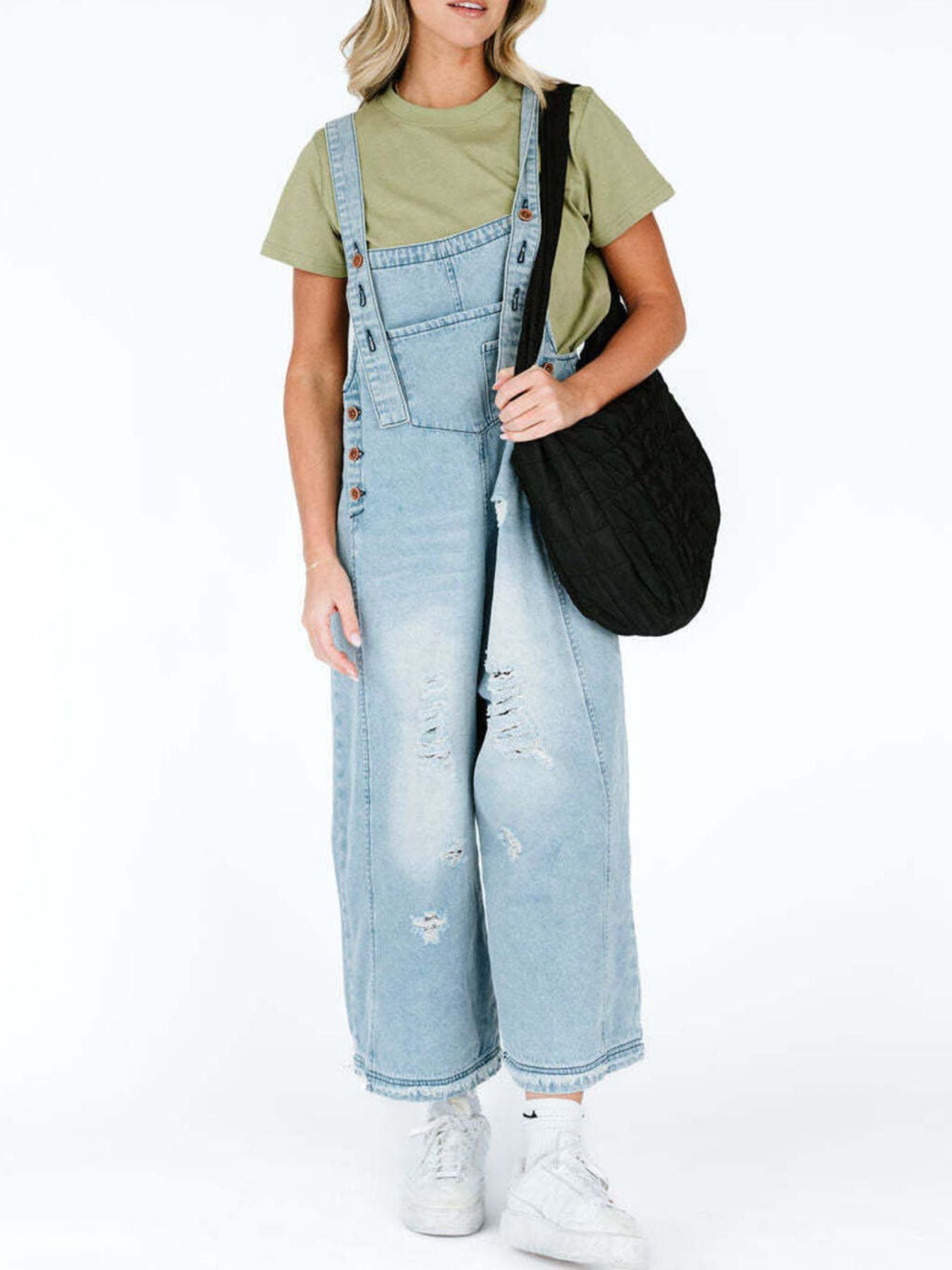 Distressed Wide Leg Denim Overalls - Detail View 17