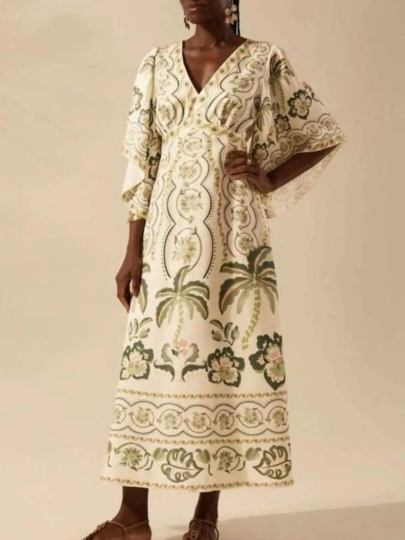 Silky Kimono Printed V-Neck Midi Dress