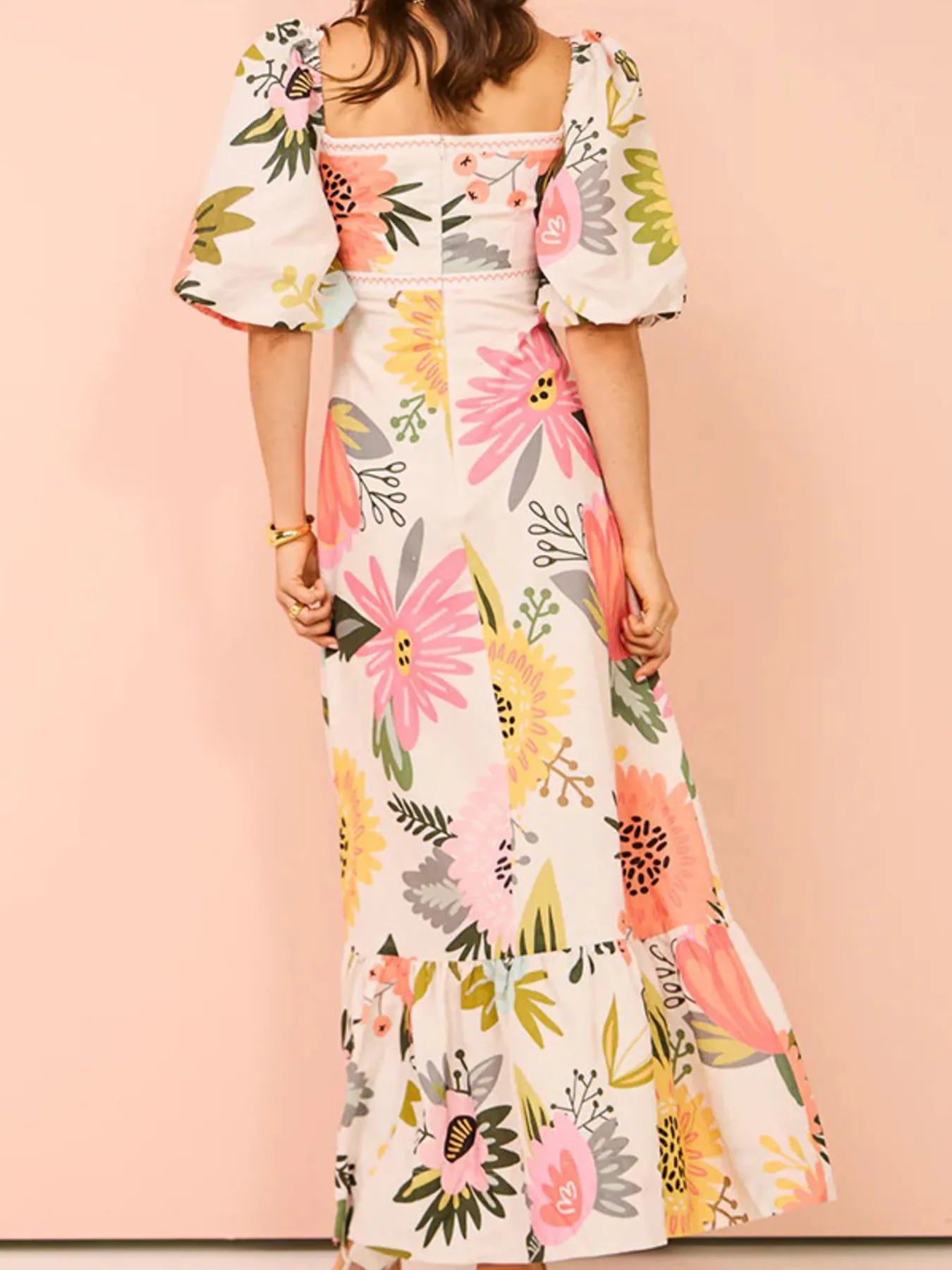 Floral Square Neck Puff Sleeve Maxi Dress
