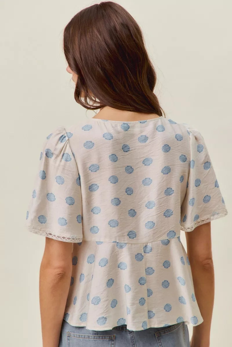 Shell Print Tie-Front Blouse