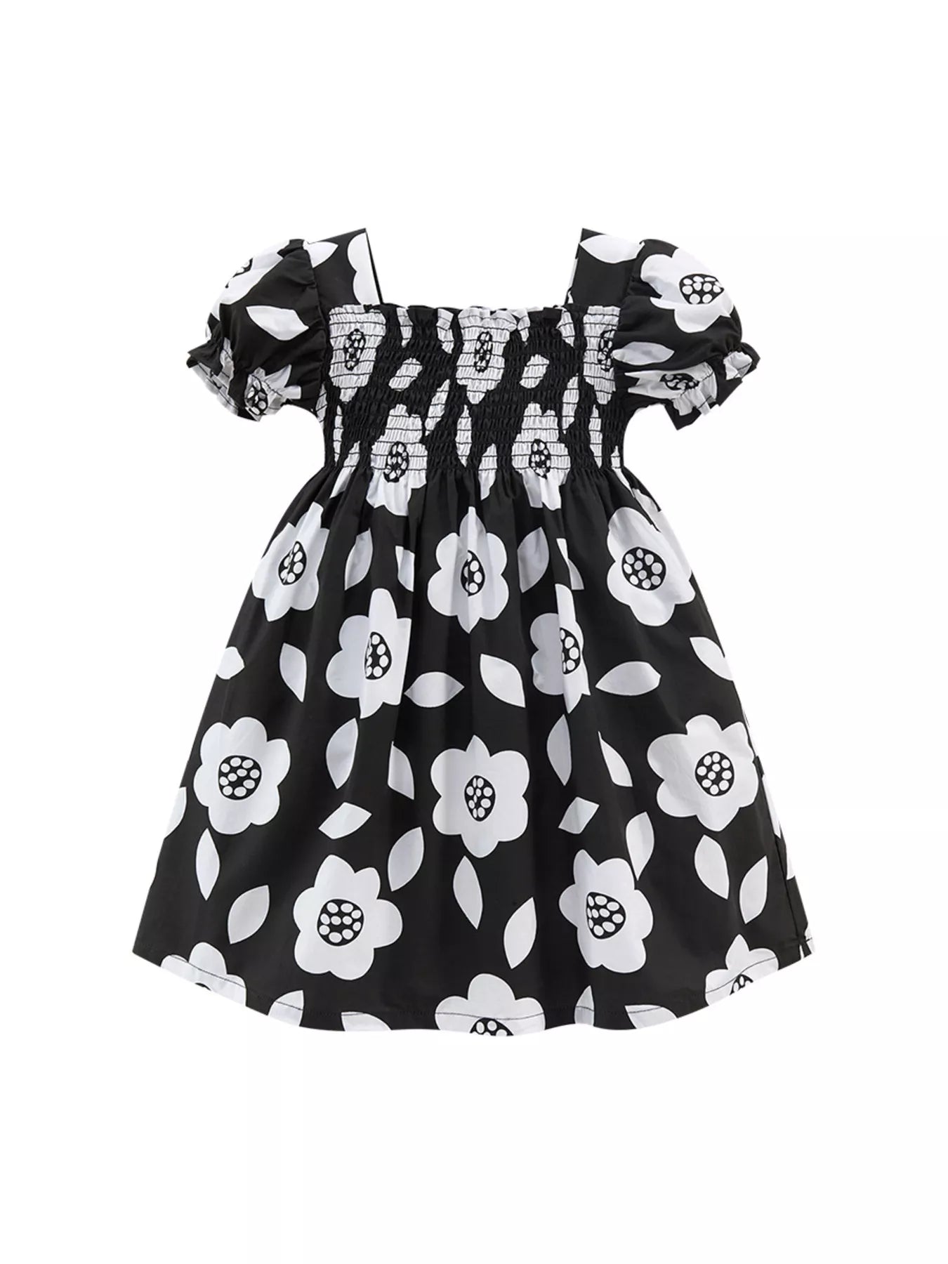 Black & White Floral Smocked Dress - Back View