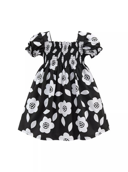 Black & White Floral Smocked Dress - Back View