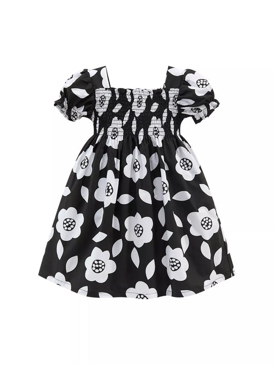 Black & White Floral Smocked Dress - Back View