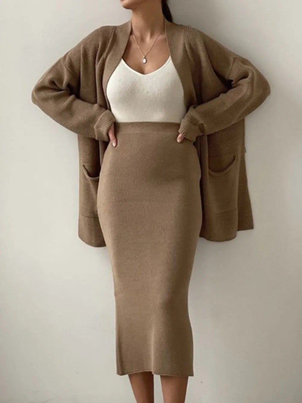 Open Front Cardigan and Midi Skirt Sweater Set