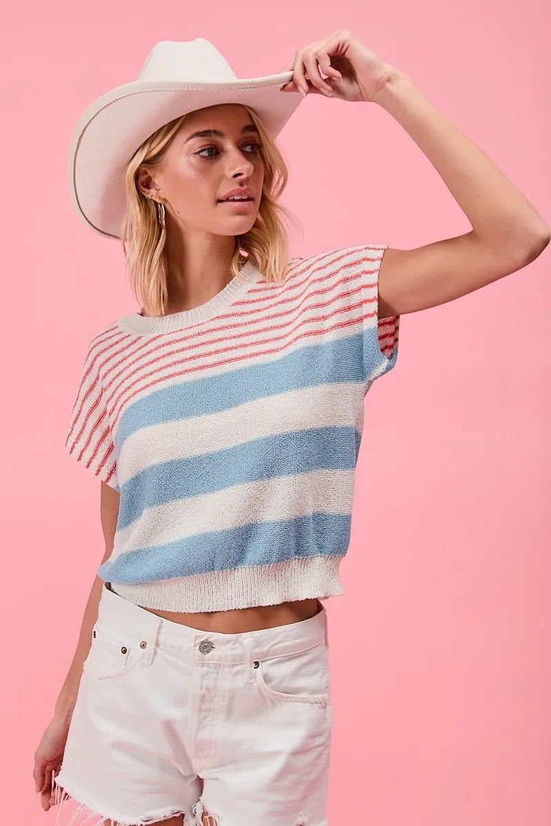 Lightweight Short Sleeve Striped Sweater