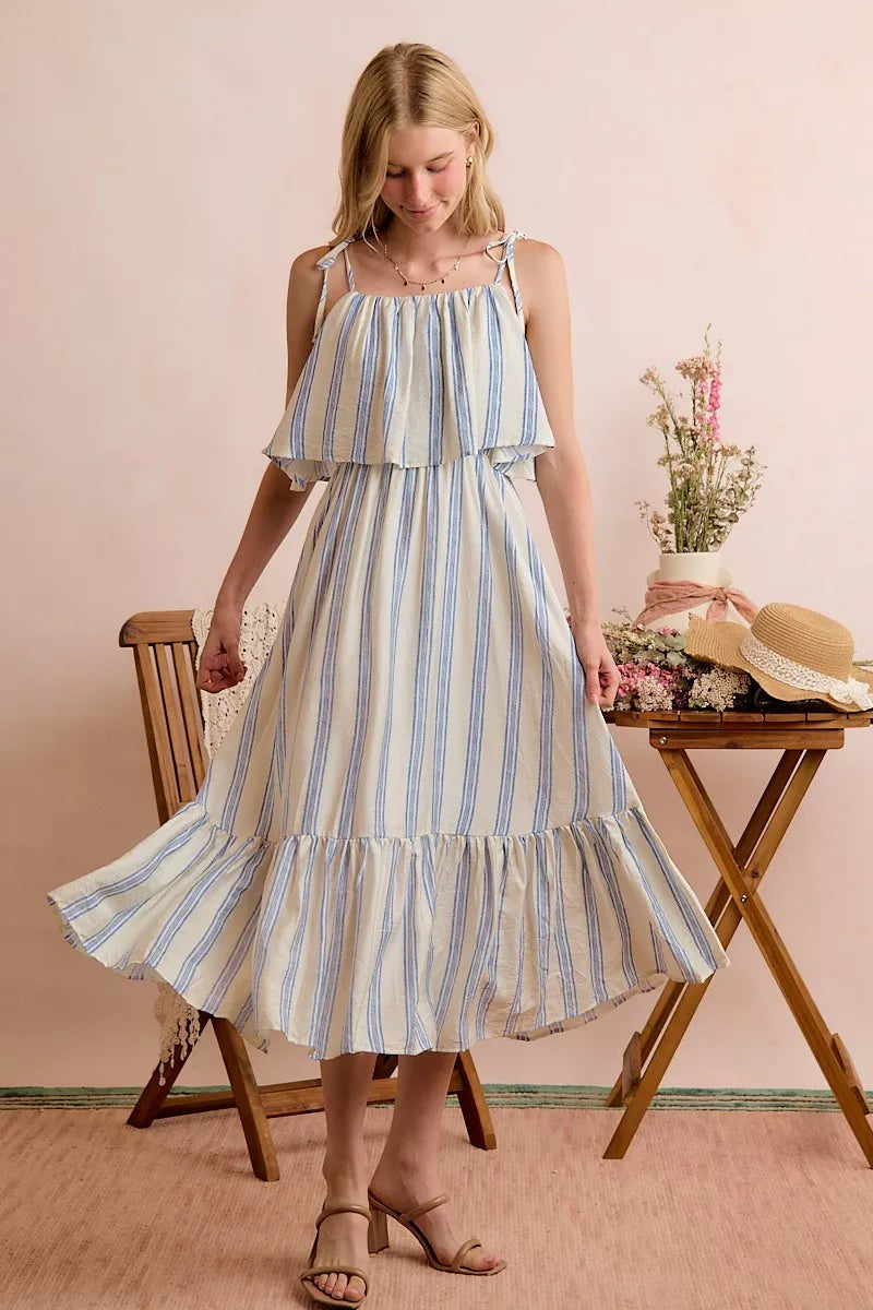 Stripe Shoulder Tie Midi Dress
