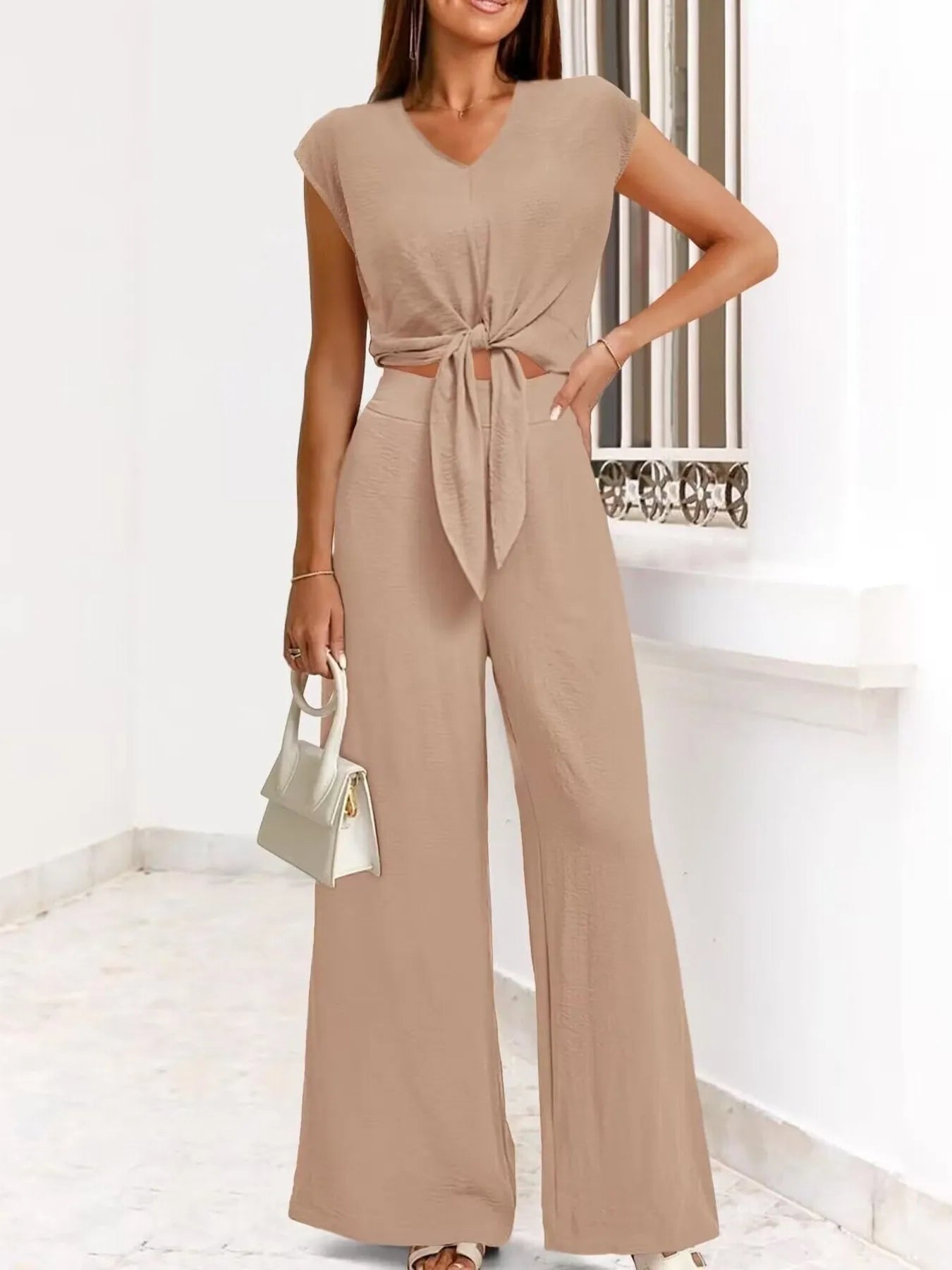 Casually Cool Tie Front Top and Wide Leg Pants Set