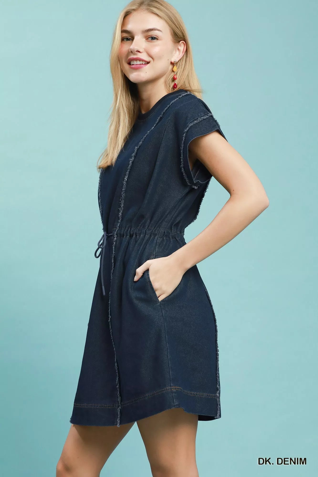 Drawstring Waist Frayed Denim Mini Dress