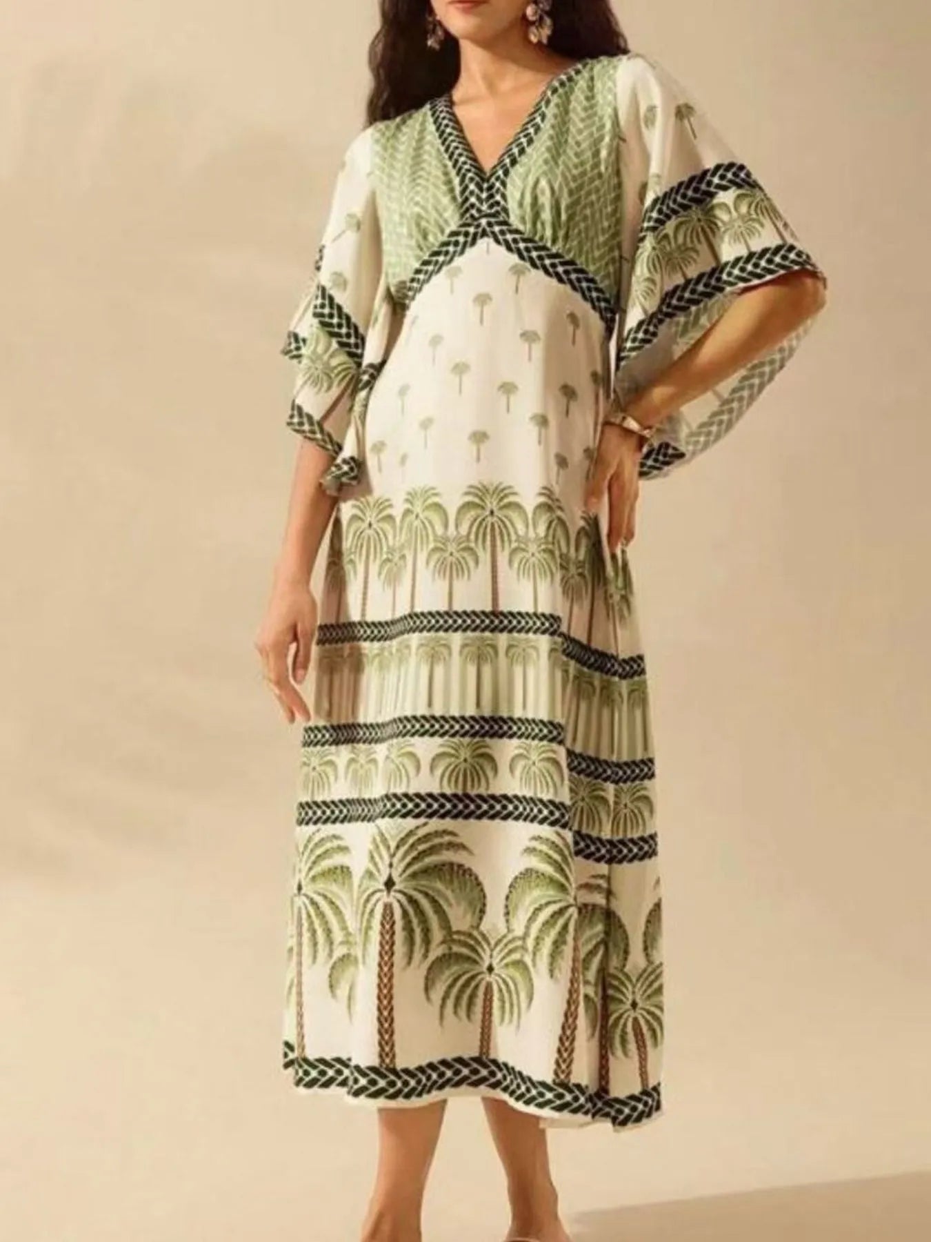 Silky Kimono Printed V-Neck Midi Dress