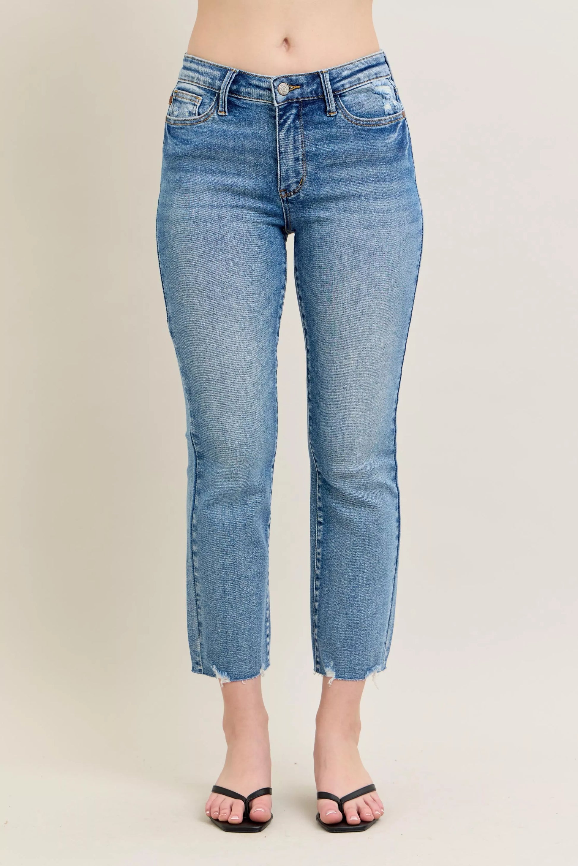 Judy Blue Mr Vintage Wash Destroy Hem Kick Flare Jeans - Front View