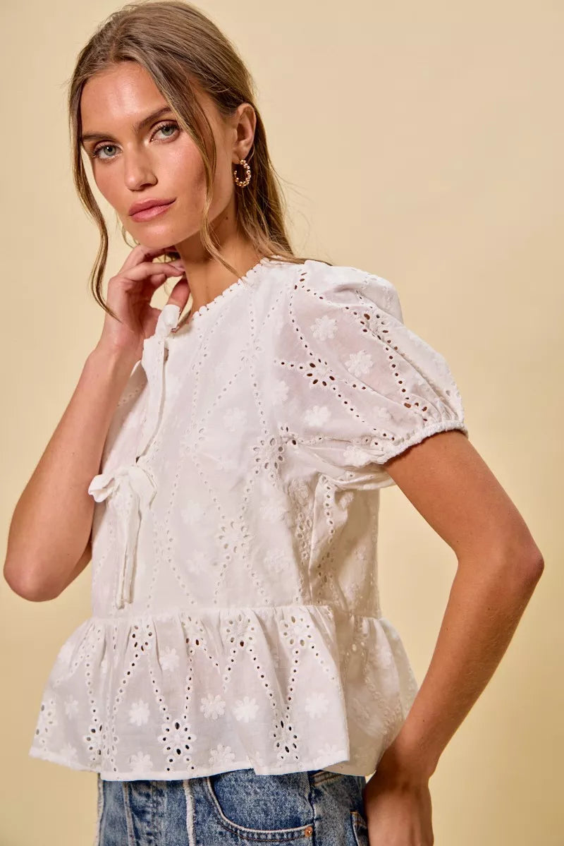 Eyelet Front Tie Blouse