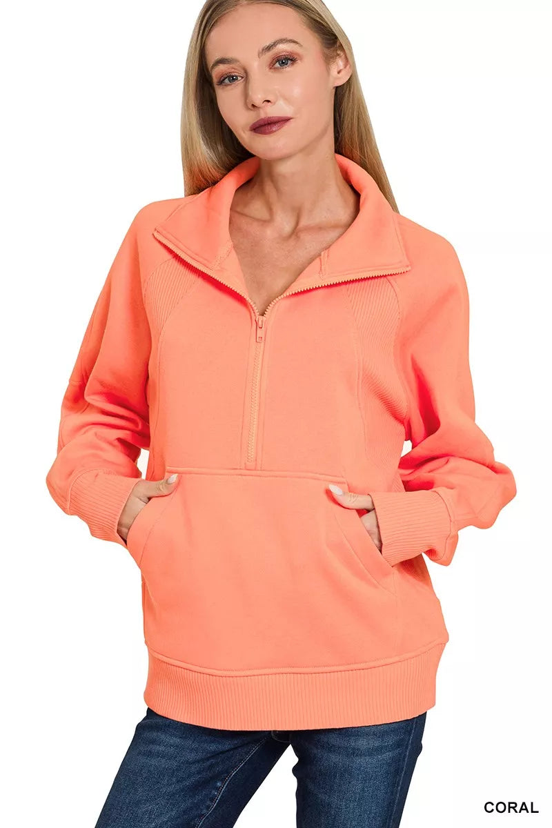 Half Zip Fleece Sweatshirt - Coral