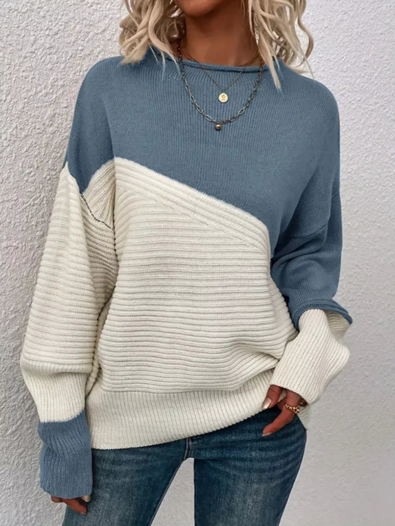 Color Block Ribbed Knit Sweater - Detail View 24