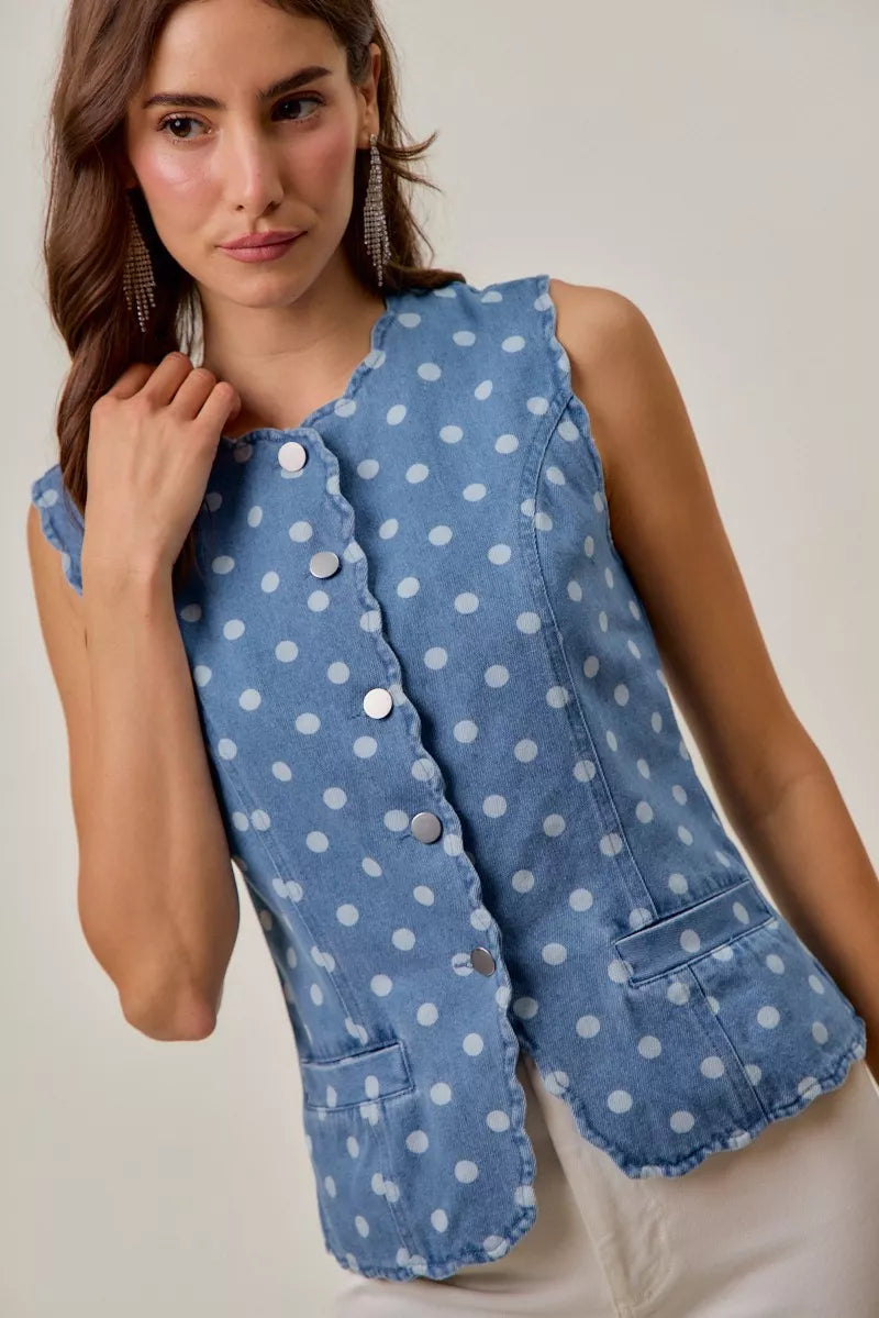 Dotted Denim Scallop Edge Button Down Vest Top