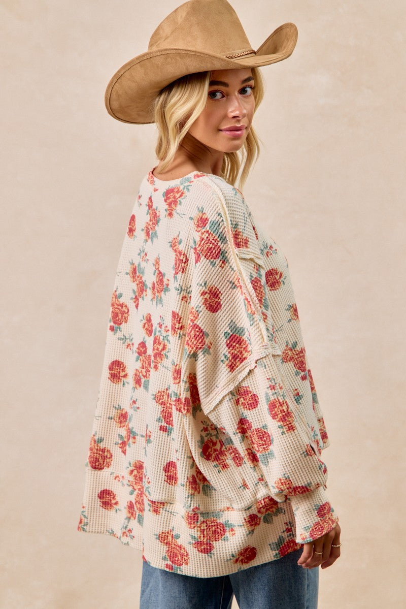 Floral Print Exposed Seam Waffle Knit Top