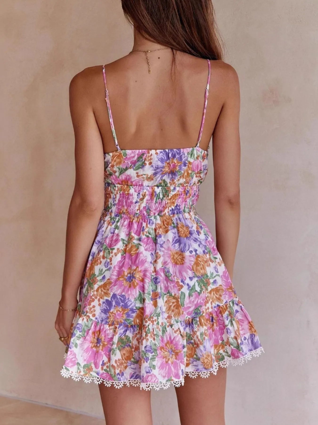 Floral Print Tie-Front Mini Dress with Lace Trim