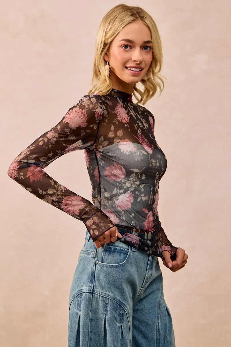 Flower Print Mesh Lace Top