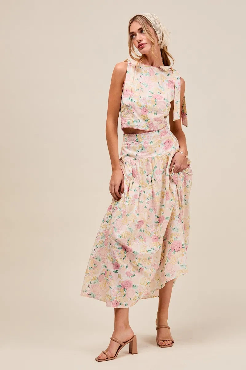 Floral Printed Shoulder Tie Top and Skirt Set