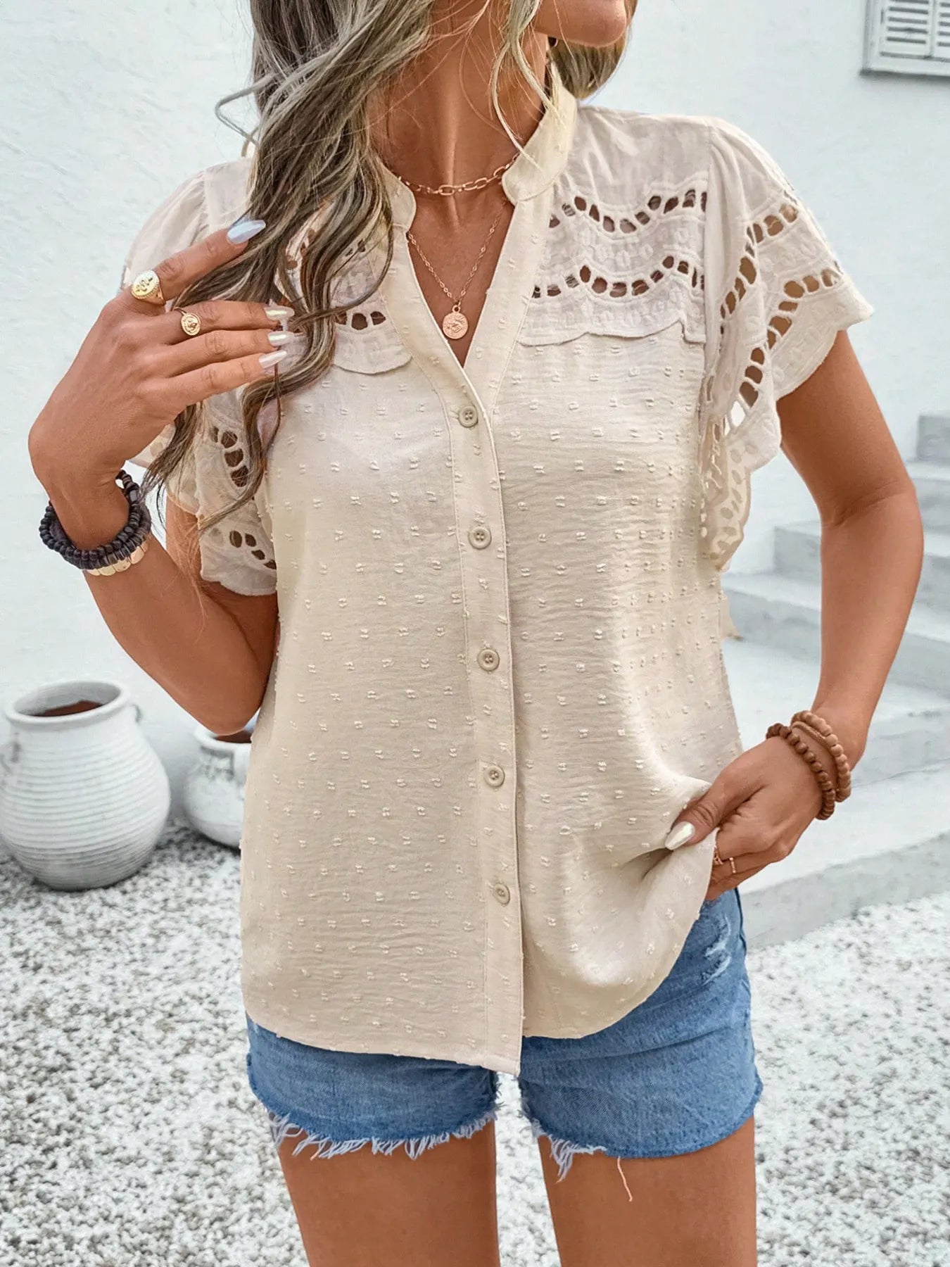 Swiss Dot Cutout Ruffle Blouse