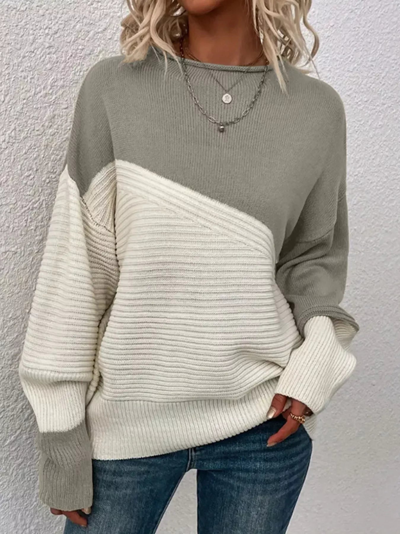 Color Block Ribbed Knit Sweater - Detail View 16