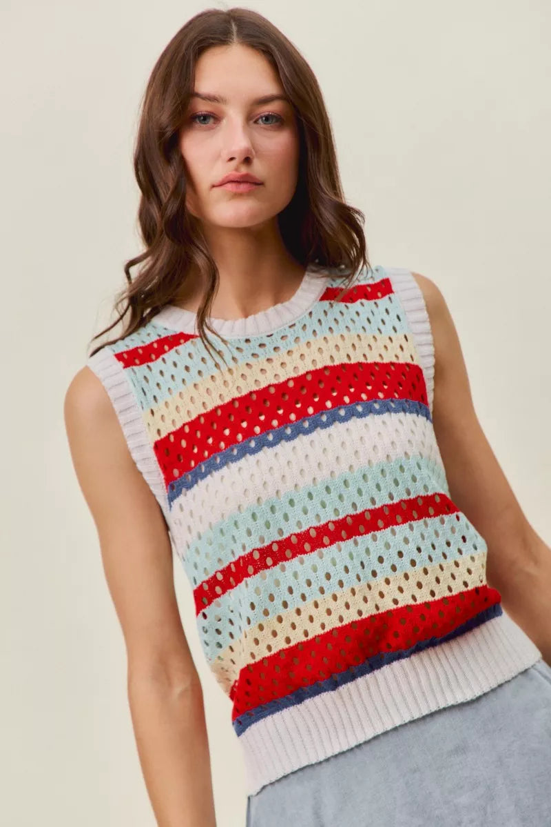 Tie Back Openwork Retro Stripe Tank Top