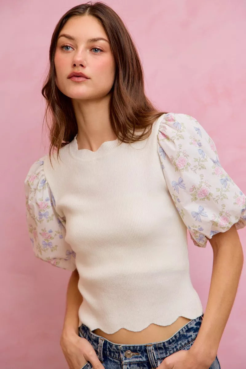 Floral Sleeve Scallop Sweater Top