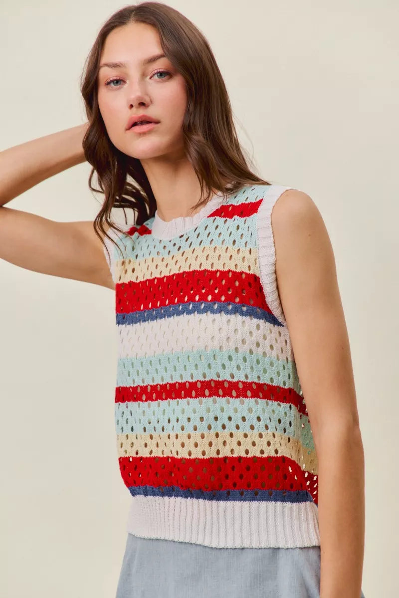 Tie Back Openwork Retro Stripe Tank Top