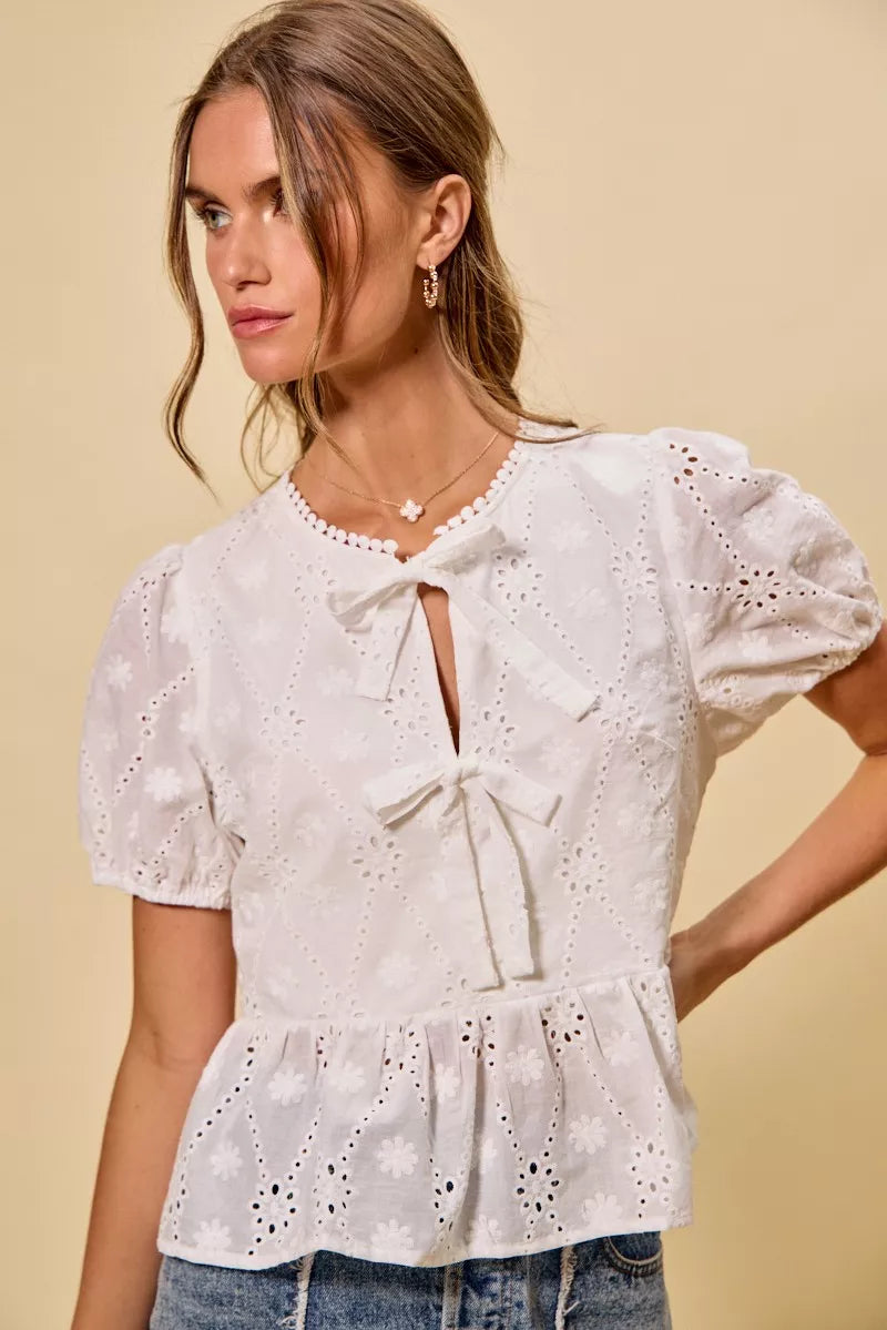 Eyelet Front Tie Blouse