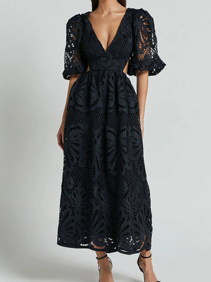 Cutout Back Lace Crochet V-Neck Dress - Detail View 19