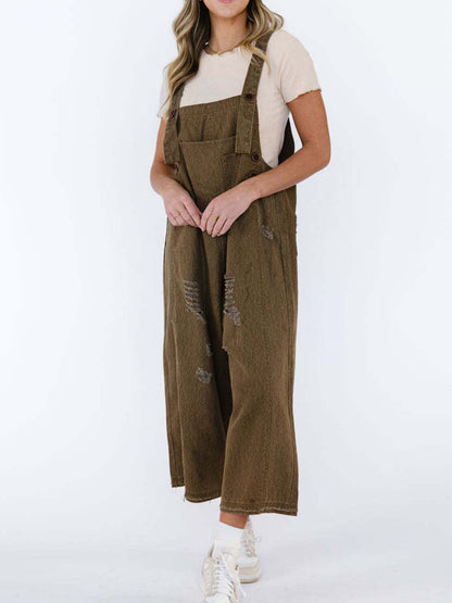 Distressed Wide Leg Denim Overalls - Detail View 12