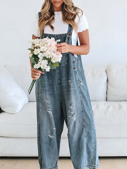 Distressed Wide Leg Denim Overalls - Side View