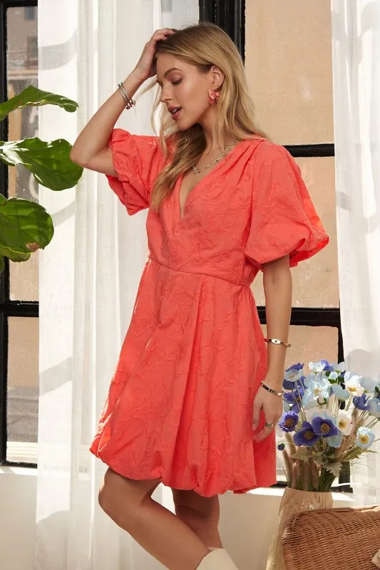 Coral Puff Sleeve Floral Dress