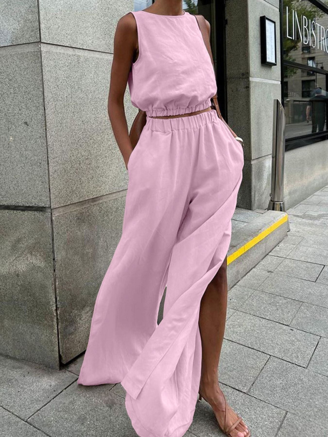 Hemp-blend Crop Top and Side Slit Pants Set