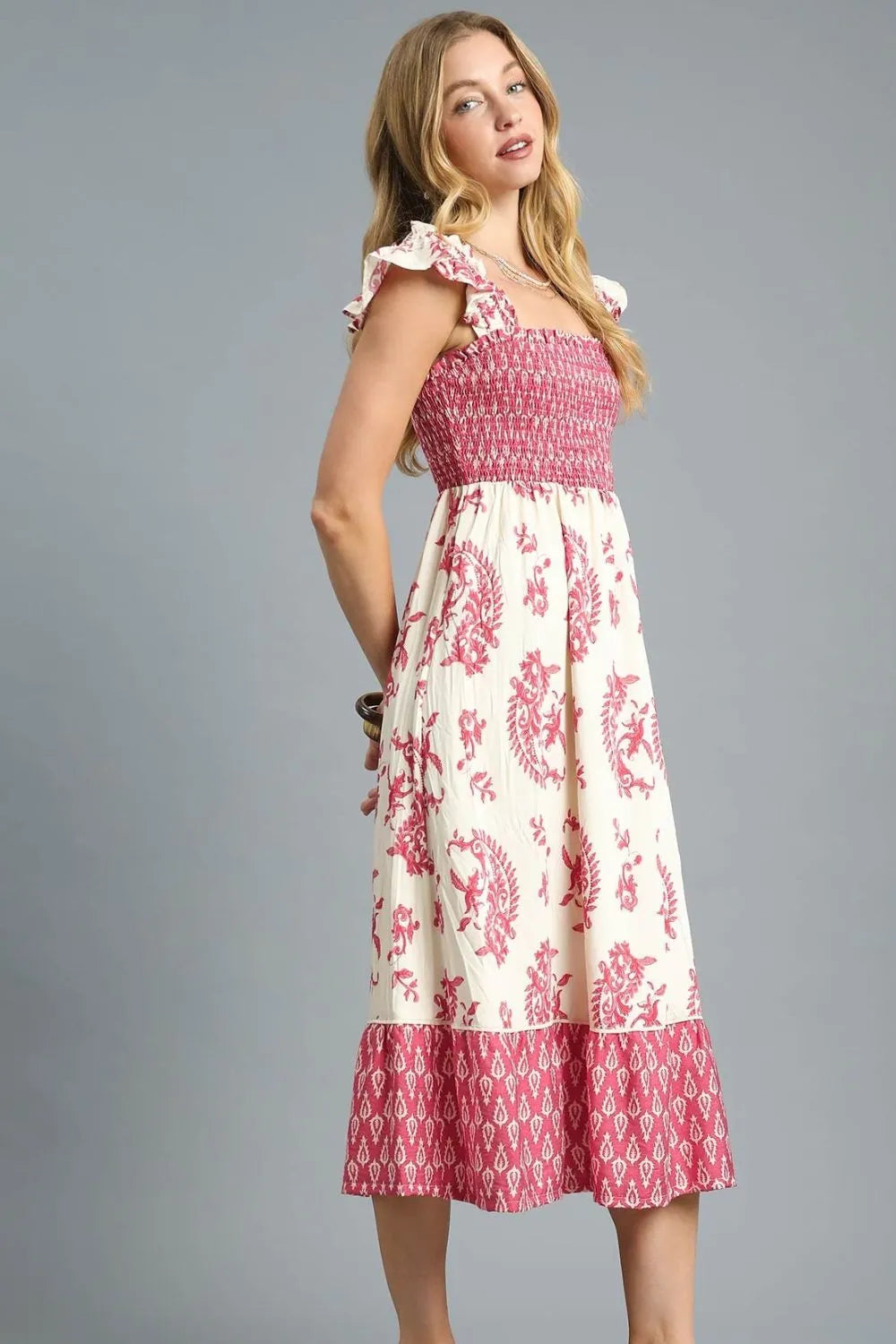 Smocked Midi Dress with Ruffle Details