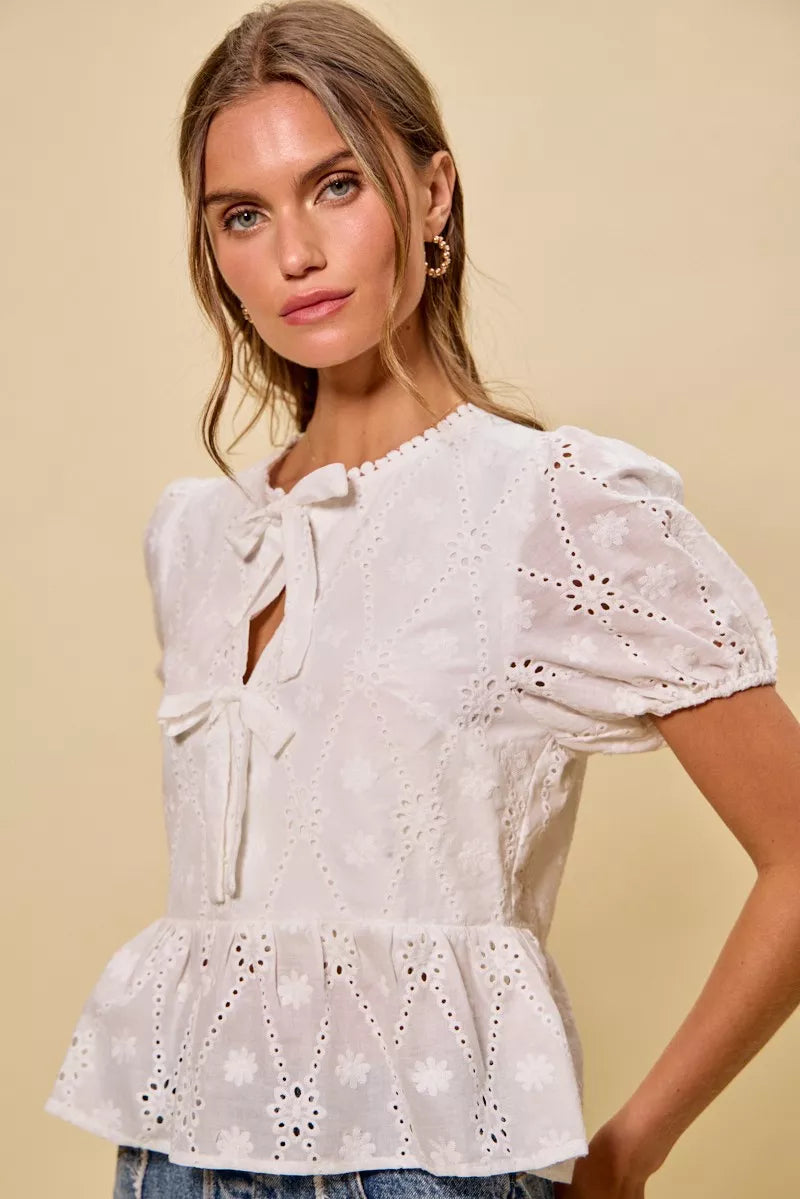 Eyelet Front Tie Blouse
