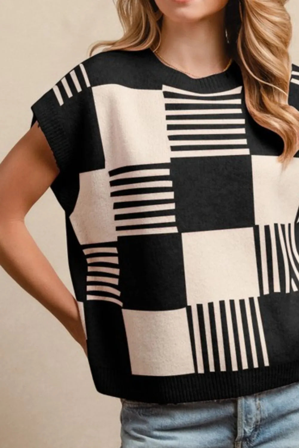 Checkered Stripe Sleeveless Sweater