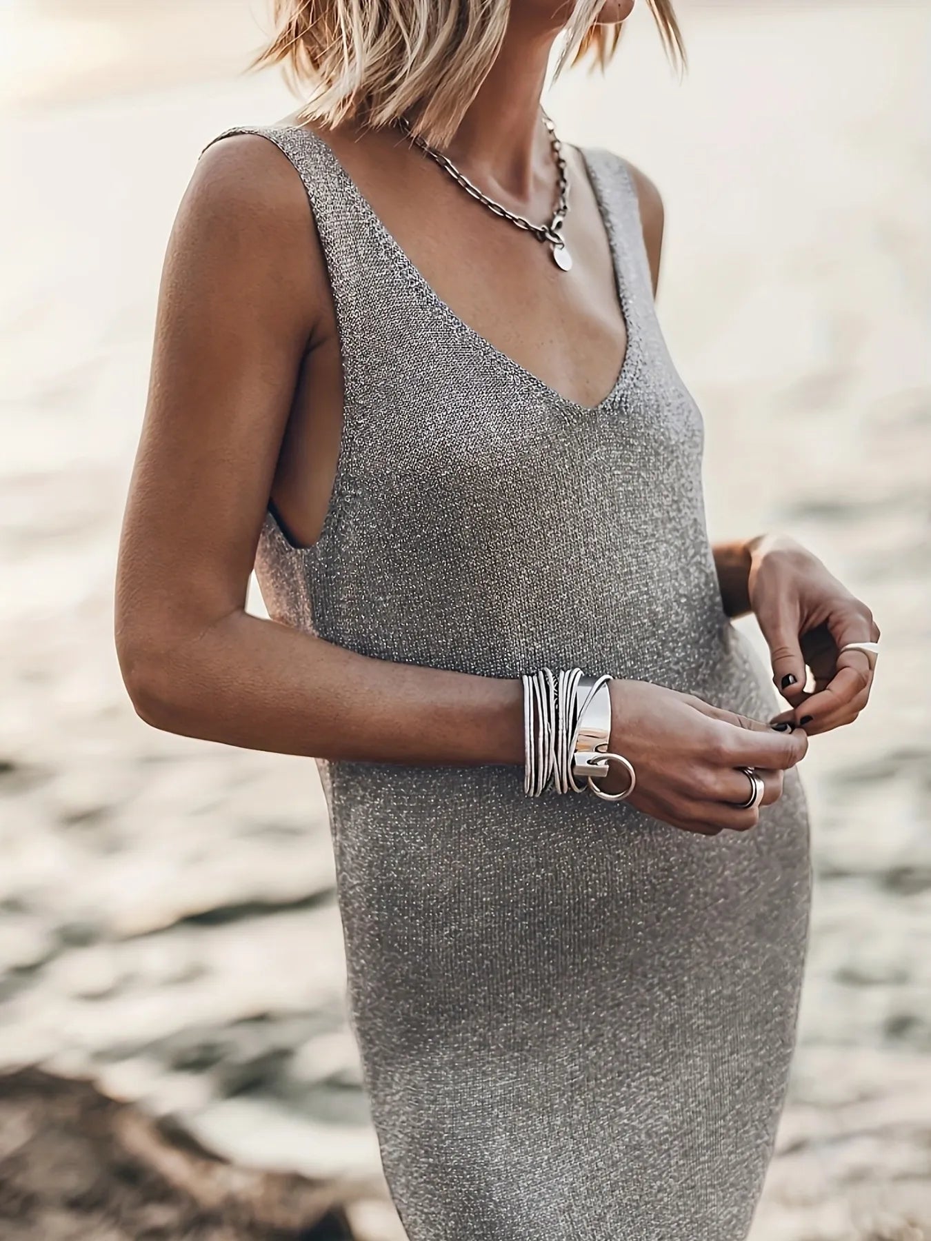 Lurex V-Neck Sleeveless Midi Dress