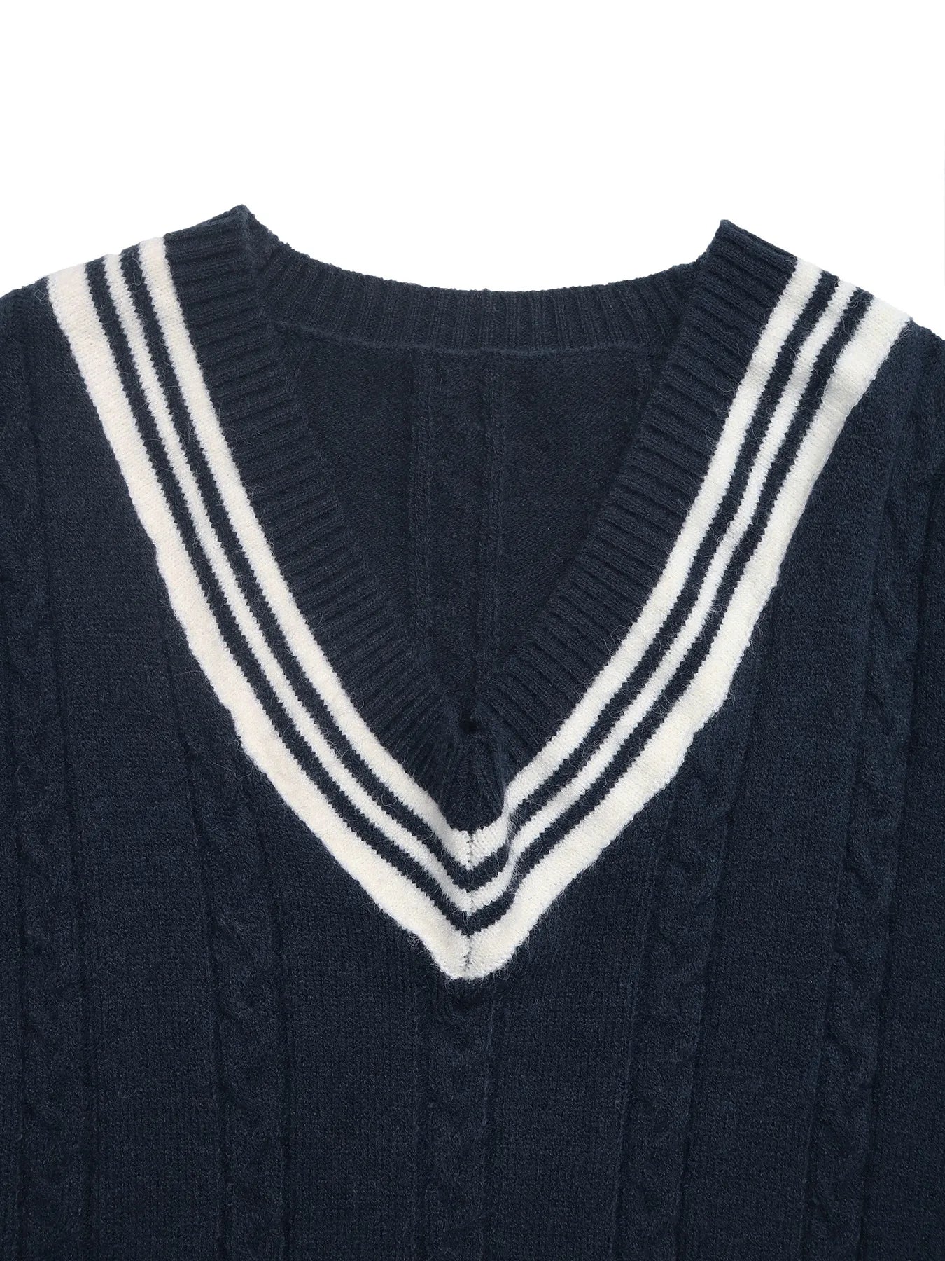 Contrast Cable Knit V-Neck Sweater