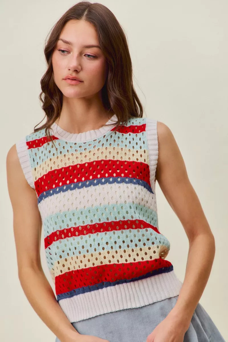 Tie Back Openwork Retro Stripe Tank Top