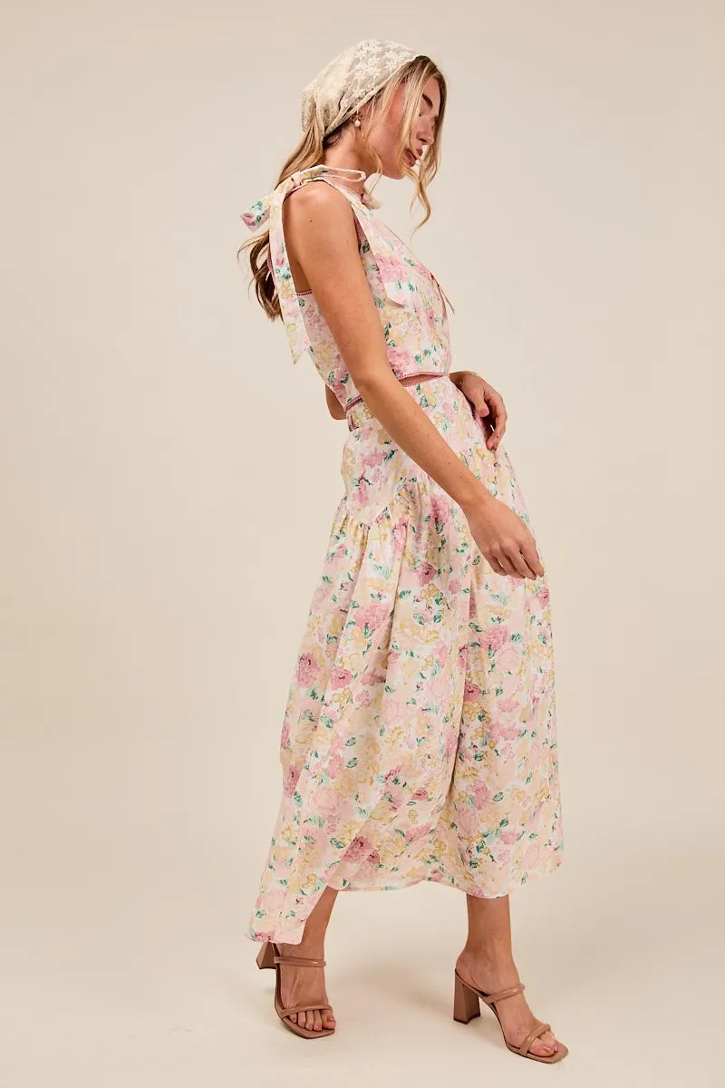 Floral Printed Shoulder Tie Top and Skirt Set
