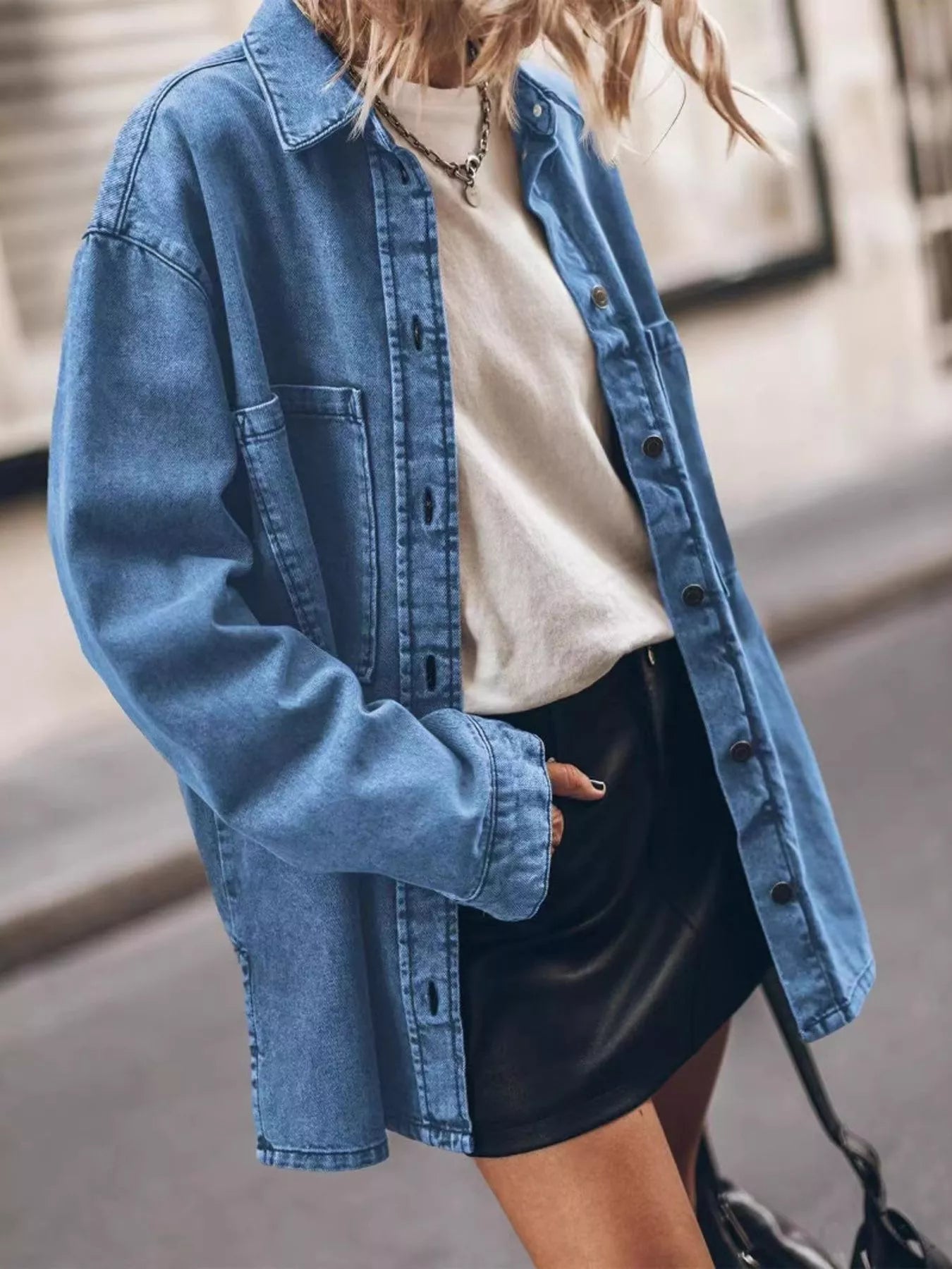 Oversized Button Up Denim Shirt - Detail View 6